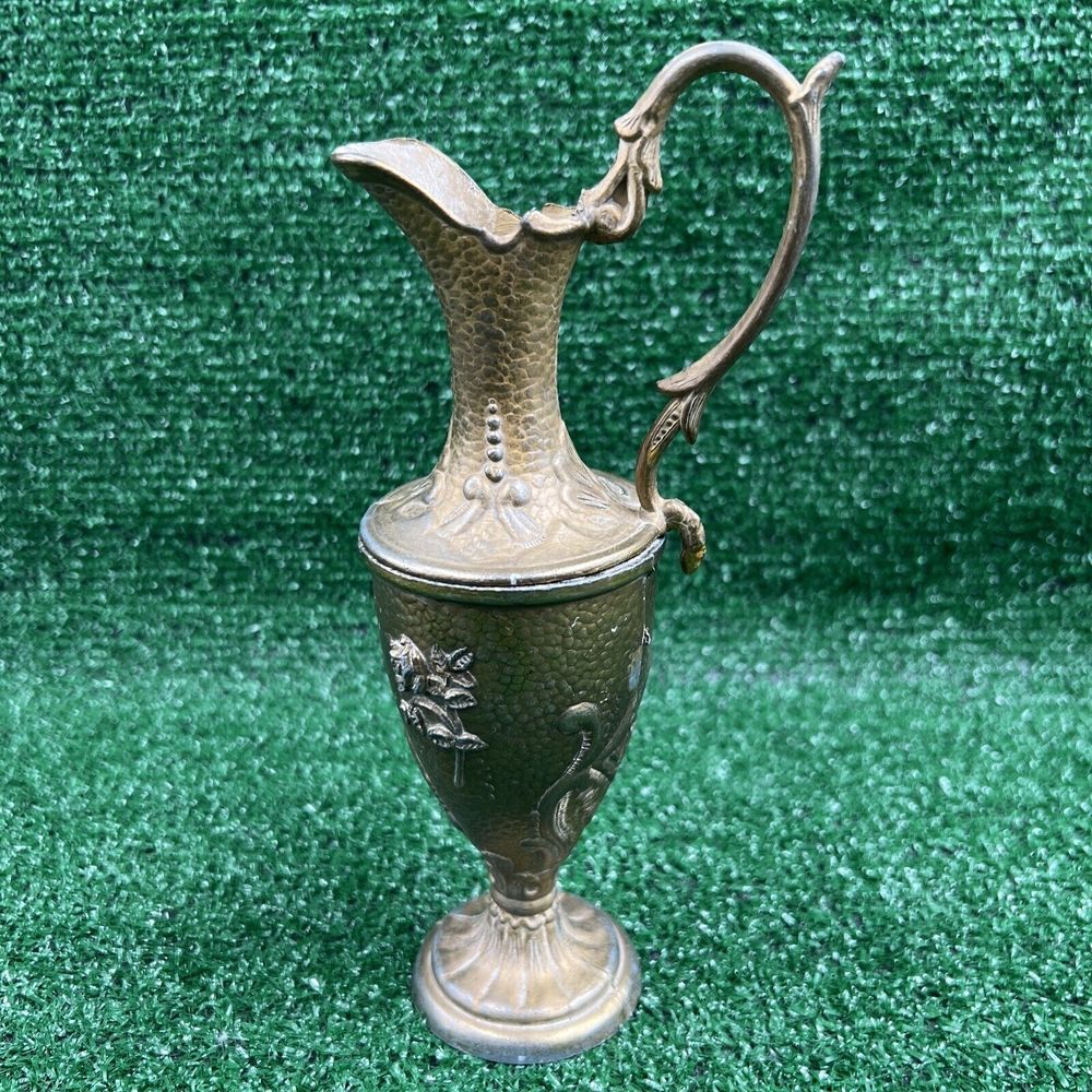 Vintage‎ Brass Floral Chalice Pitcher Vase With A Removable Top Made in Italy